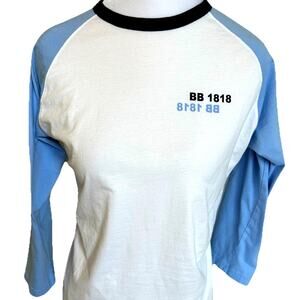 Brooks Brothers Baseball Style Shirt Large Ringer Tee 1818 Logo Retro White Blue